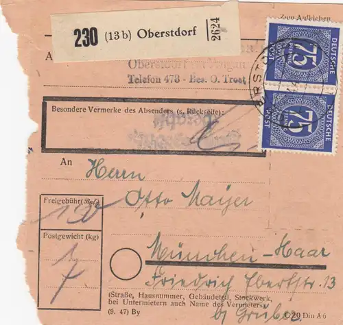 Paketkarte 1948: Oberstdorf nach München Haar