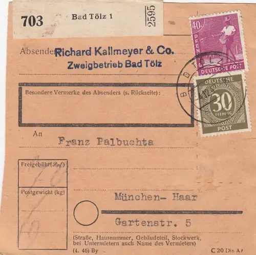 Paketkarte 1947: Bad Tölz nach München-Haar