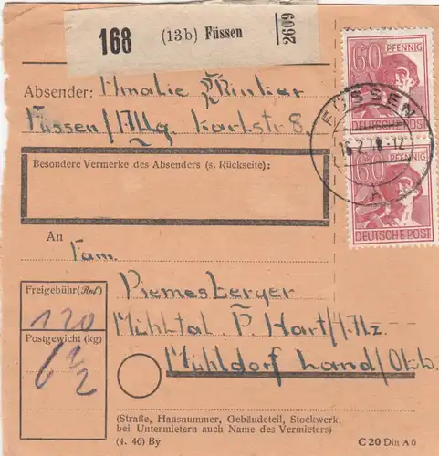 Paketkarte 1948: Füssen nach Mühltal, Mühldorf