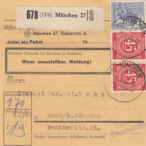 Paketkarte 1948: München 27 nach Haar, Selbstbucher, Dentist