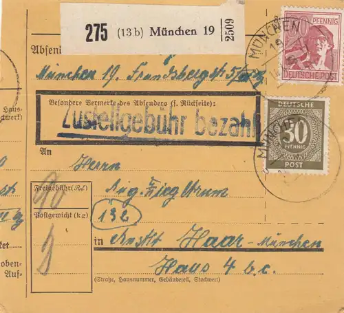 Paketkarte 1948: München 19 nach Anstalt Haar-München