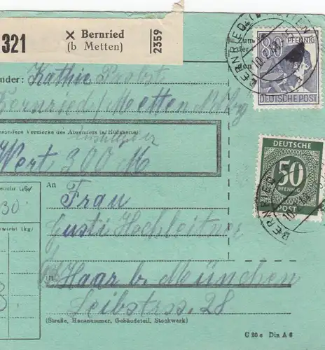 Paketkarte 1948: Bernried Metten nach Haar, besonderes Formular
