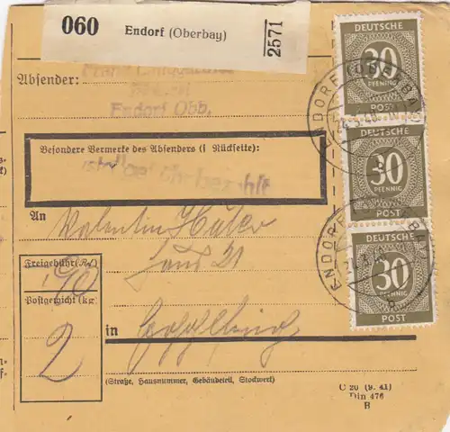Paketkarte 1948: nach Gräfelfing von Endorf