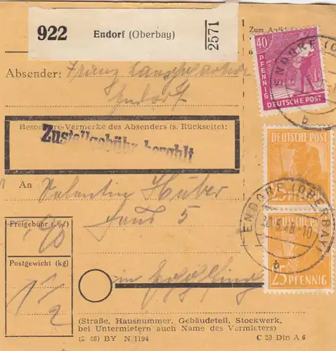 Carte de paquet 1948: Endorf Oberbay. vers Eglfing