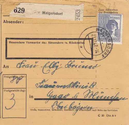 Carte de paquet 1947: Maigersdorf après Haar, Faussenklinik