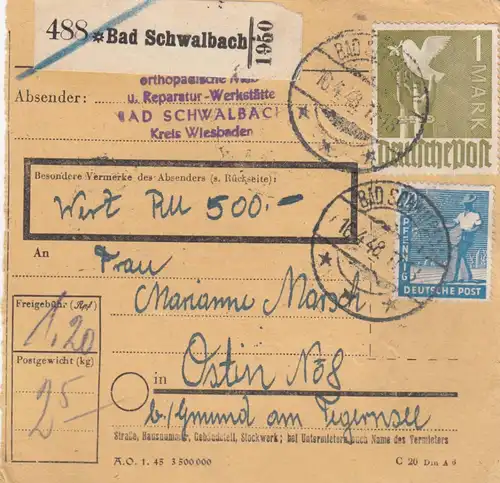 Paketkarte 1948: Bad Schwalbach nach Ostin b. Gmund, Wertkarte