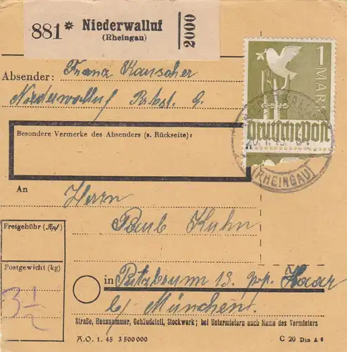 Carte de paquet 1948: Niederwalluf /Rheingau vers Putzbrunn