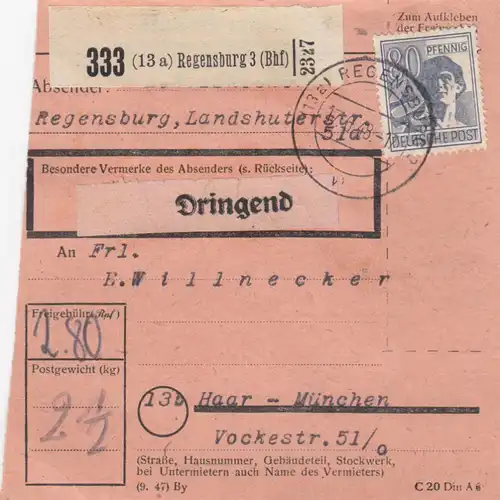 Carte de paquet 1948: Ratisbonne 3 par cheveu, urgent