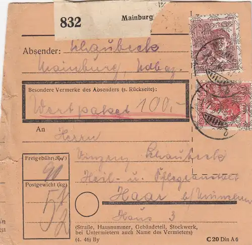 BiZone Paketkarte 1947: Mainburg nach Haar, Wertpaketkarte, Pflegeanstalt