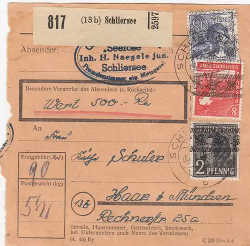BiZone Paketkarte 1948: Schliersee nach Haar, Wertkarte 500 RM
