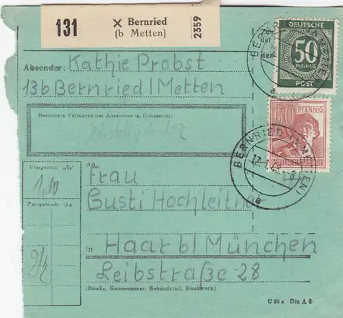 Paketkarte 1948: Bernried nach Haar b. München, besonderes Formular