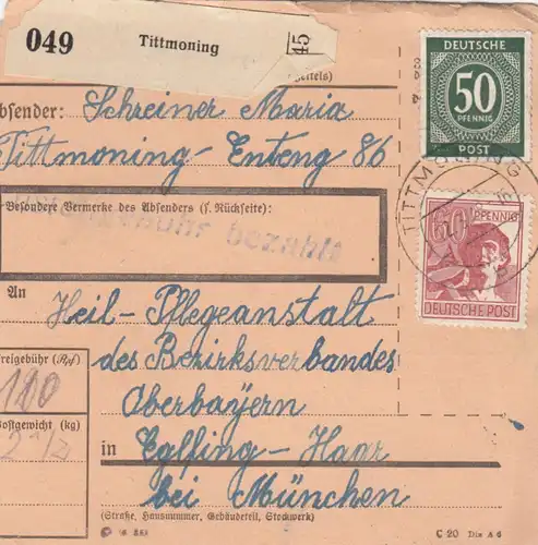 Carte de paquet 1948: Tittmoning vers Eglfing, asile