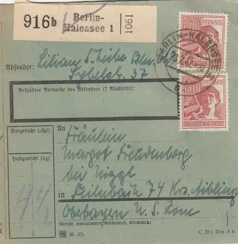 Paketkarte 1947: Berlin-Halensee nach Feilnbach, besonderes Formular