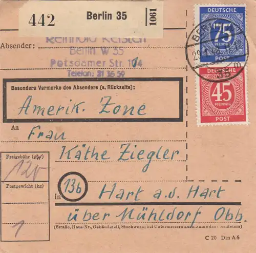 Paketkarte 1948: Berlin W 35 nach Hart a.d. Hart