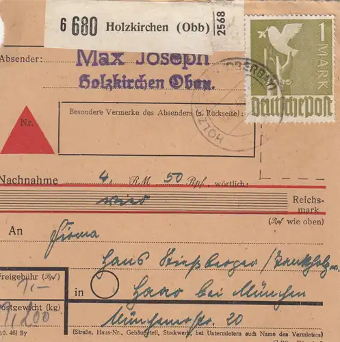 Paketkarte 1949: Holzkirchen nach Haar, Stiessberger u. Söhne, Nachnahme