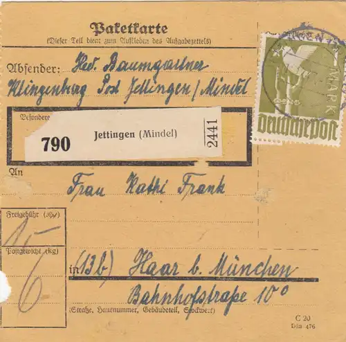 Carte de paquet 1947: Jettingen de Klingenburg par Haar