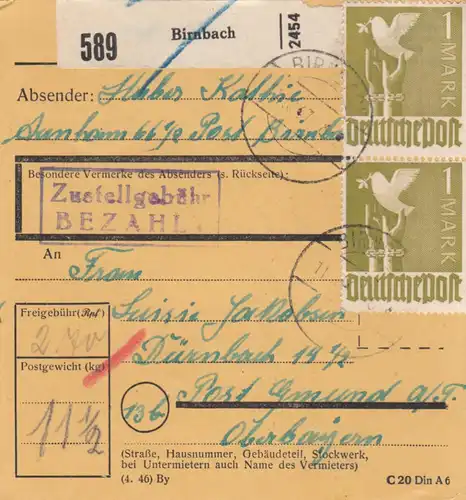 Paketkarte 1947: Birnbachnach Aunham nach Gmund