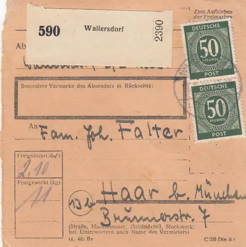 Paketkarte 1948: Wallersdorf nach Haar