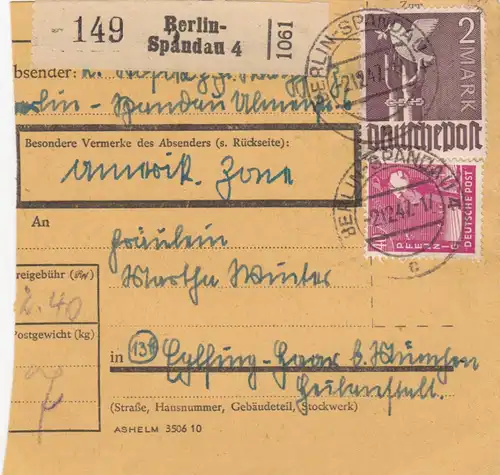 Paketkarte 1947: Berlin-Spandau nach Haar München