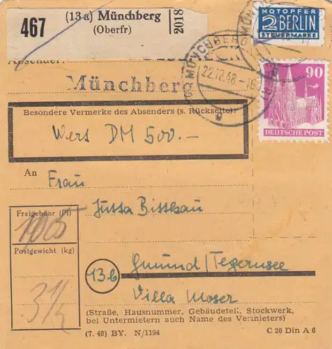 BiZone Carte de paquet 1948: Münchberg vers Gmund, Carte d'évaluation 500 FF