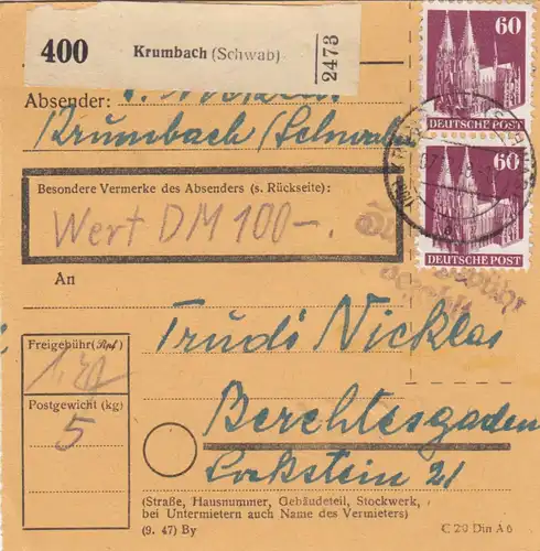 BiZone Paketkarte 1948: Krumbach nach Berchtesgaden, Wertkarte, Notopfer Rücks.