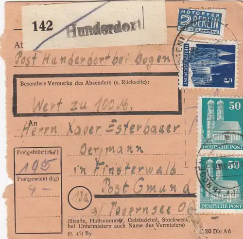 BiZone Paketkarte 1948: Hunderdorf nach Finsterwald, Wertkarte, Notopfer