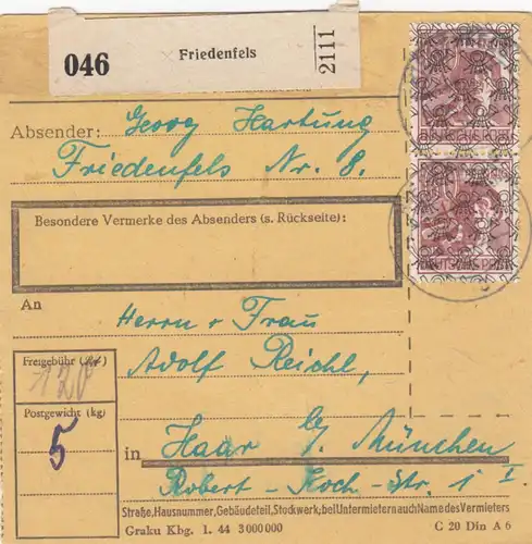 BiZone Paketkarte 1948: Friedenfels nach Haar