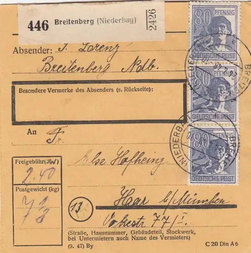 Carte de paquet 1948: Breitenberg Ndb. après Haar b. Munich