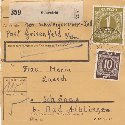 Carte de paquet 1946: Gisenfeld vers Schönau Bad Aibling