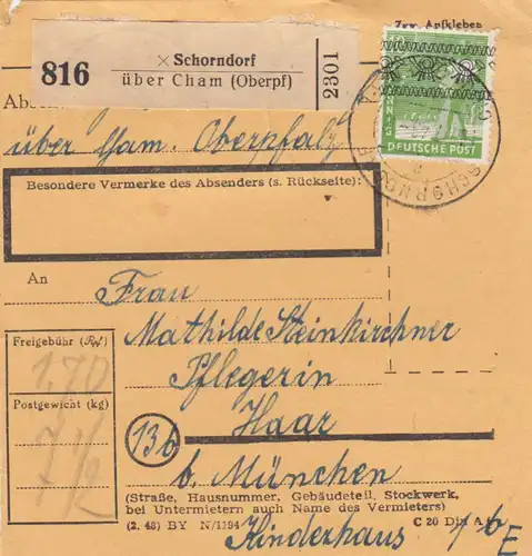 BiZone Paketkarte 1948: Schorndorf über Cham nach Haar, Kinderhaus