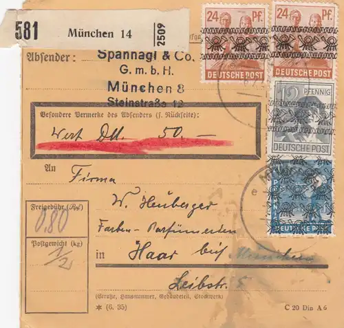 BiZone Paketkarte 1948: München, Spannagl GmbH, nach Haar, Wertkarte