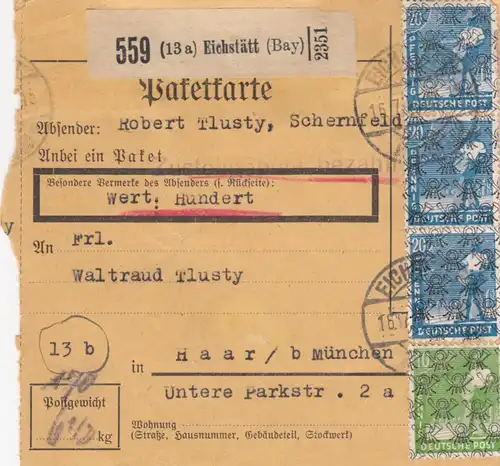 BiZone Paketkarte 1948: Eichstätt nach Haar, Wertkarte