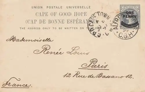 South Africa 1899: post card Cape Town to Paris