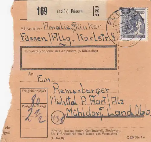 Paketkarte 1948: Füssen Allgäu nach Mühldorf