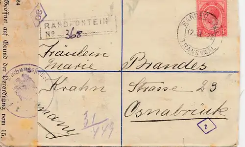 Afrique du Sud 1922: Randfontein to Osnabrück; censure Reichsfinanzverwaltung