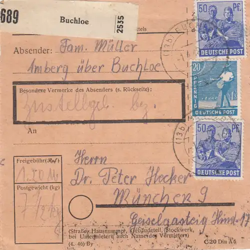 Paketkarte 1948: Amberg Buchloe nach München