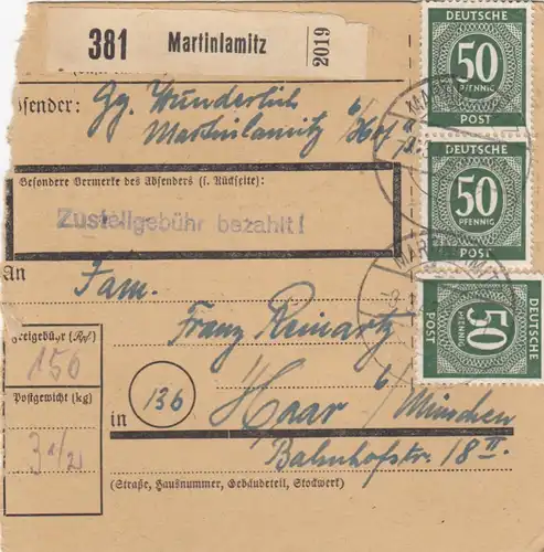 Paketkarte 1948: Martinlamitz nach Haar