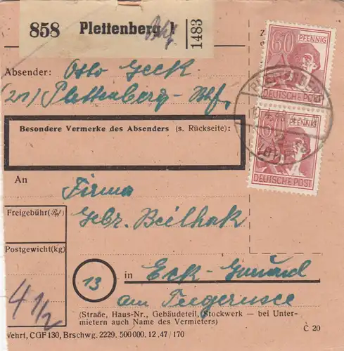 Paketkarte 1948: Plettenberg nach Eck-Gmund, Tegernsee