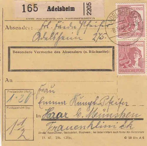 Paketkarte 1948: Adelsheim nach Haar, Frauenklinik