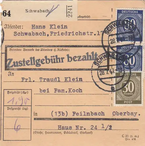 Paketkarte 1947: Schwabach nach Feilnbach