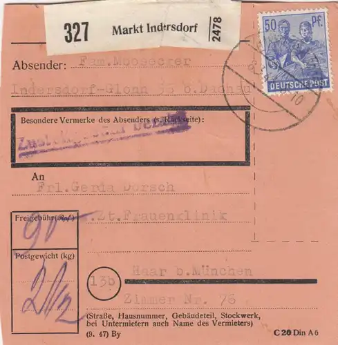 Paketkarte 1948: Indersdorf-Glonn nach Haar, Frauenklinik