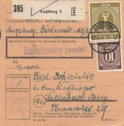 Paketkarte 1947: Augsburg nach Feilnbach