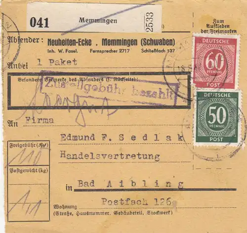 Paketkarte 1947: Memmingen, Neuheiten-Ecken, nach Bad Aibling, Selbstb.