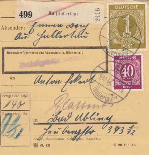 Paketkarte 1946: Au Hallertau nach Bad Aibling