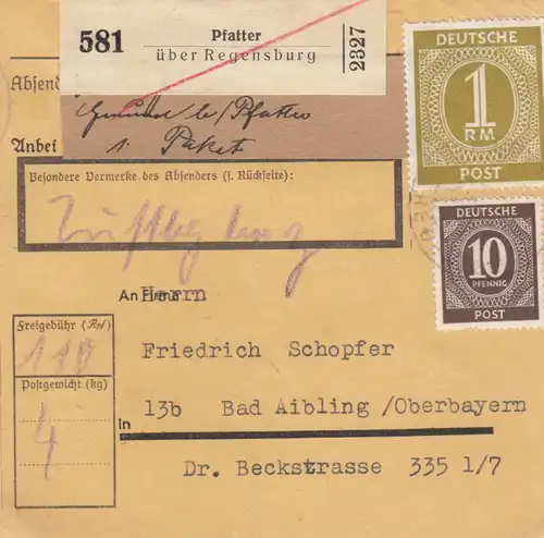 Paketkarte 1946: Pfatter über Regensburg nach Bad Aibling