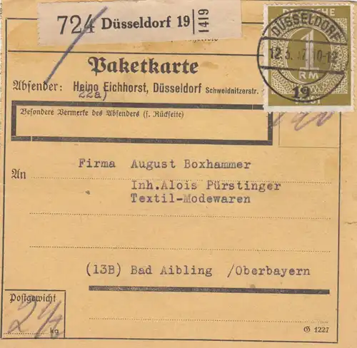Paketkarte 1947: Düsseldorf nach Textilwaren in Bad Aibling, Selbstbucher