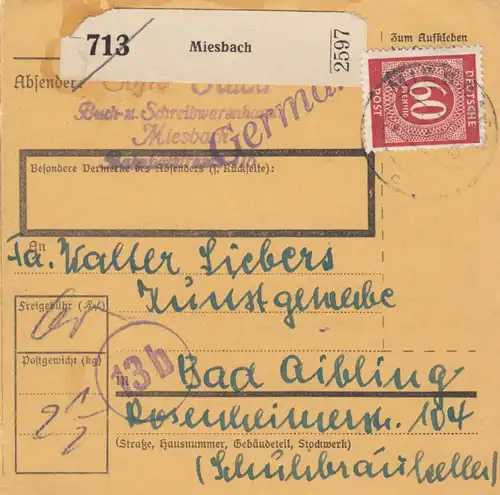 Paketkarte 1947: Miesbach, Buchwaren, nach Bad Aibling, Kunstgewerbe