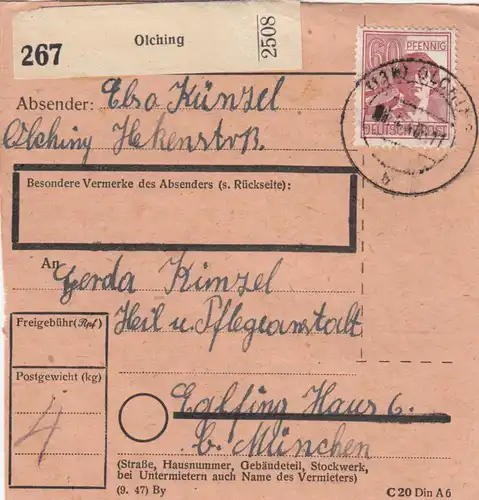 Paketkarte 1948: Olching nach Eglfing Haus 6, Heilanstalt