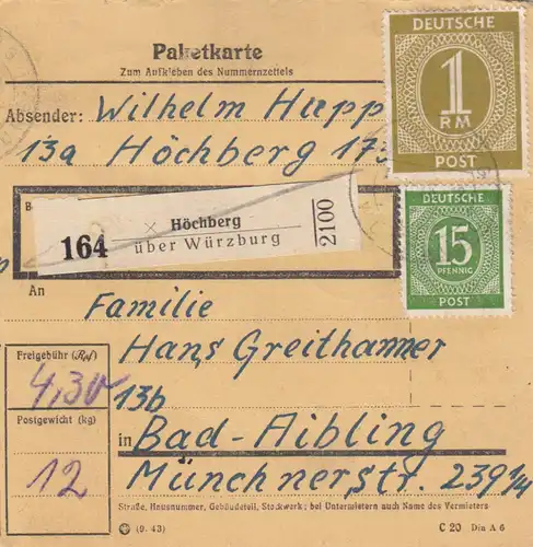 Paketkarte 1946: Höchberg über Würzburg nach Bad-Aibling