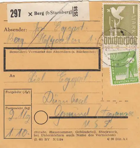 Paketkarte 1948: Berg b. Starnberg nach Dürnbach Gmund